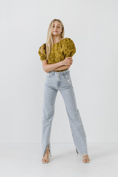 Endless Rose New | Floral Jacquard Puff Sleeve Top