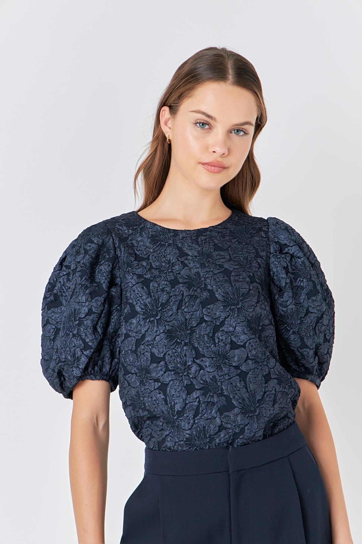 Endless Rose New | Floral Jacquard Puff Sleeve Top