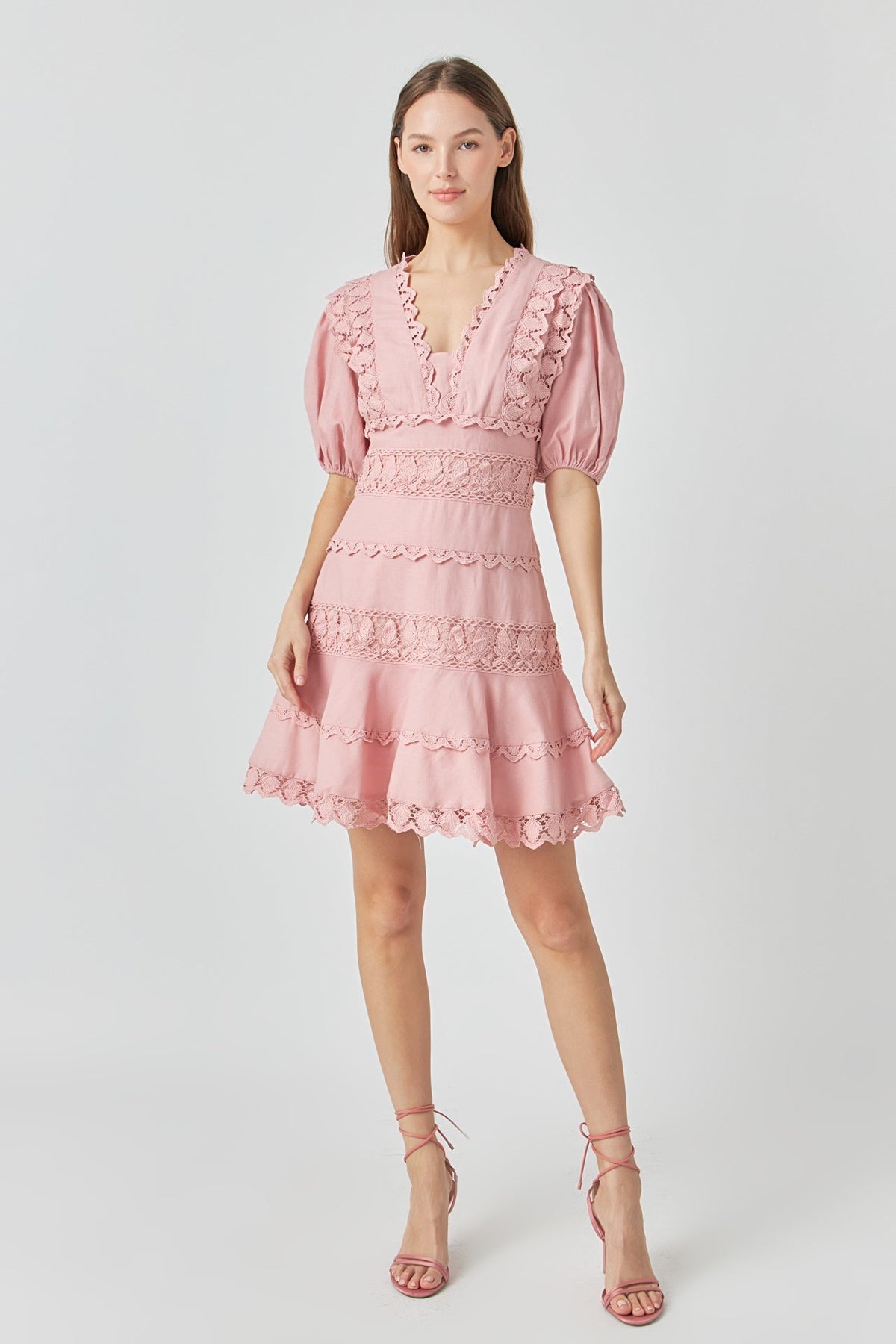 Endless Rose Classic | Plunging Lace Trim Dress with Puff Sleeve