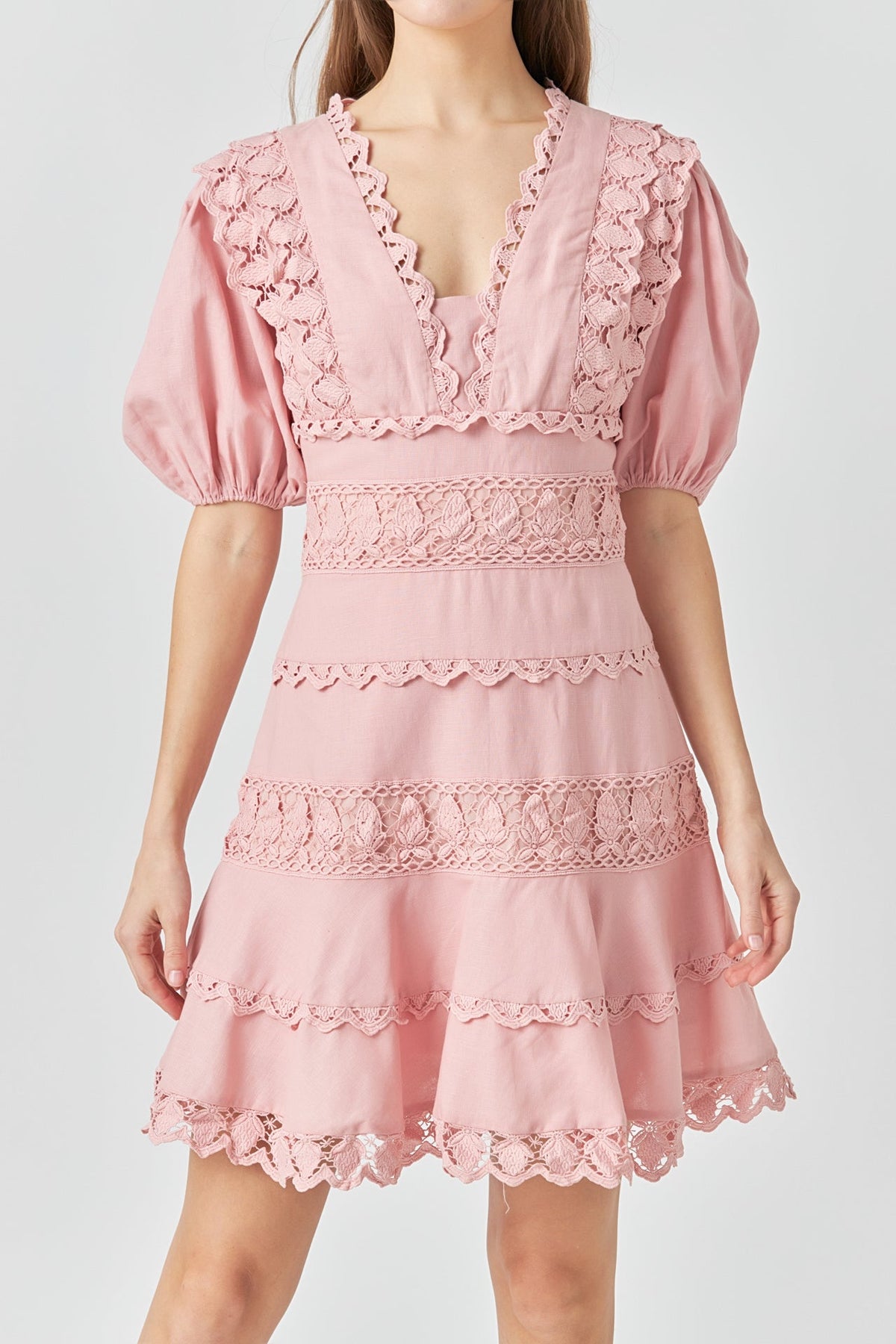 Endless Rose Classic | Plunging Lace Trim Dress with Puff Sleeve