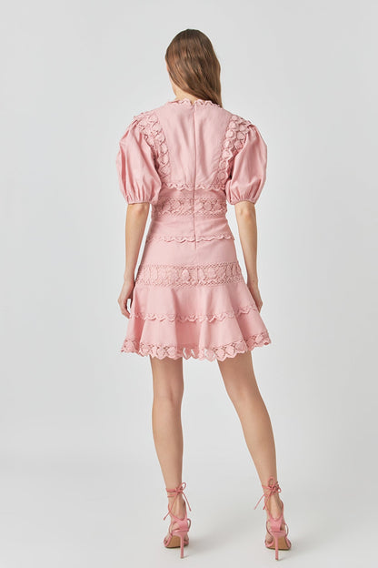 Endless Rose Classic | Plunging Lace Trim Dress with Puff Sleeve