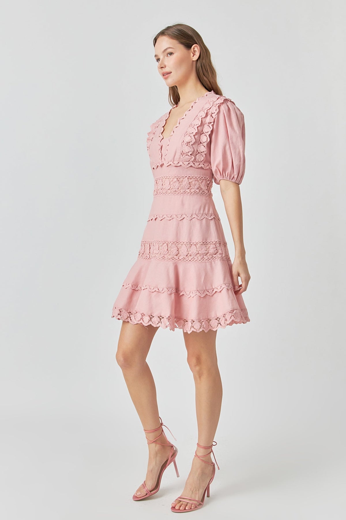 Endless Rose Classic | Plunging Lace Trim Dress with Puff Sleeve