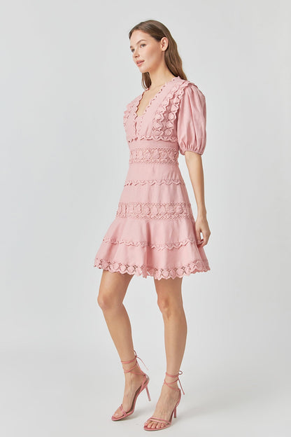 Endless Rose Classic | Plunging Lace Trim Dress with Puff Sleeve