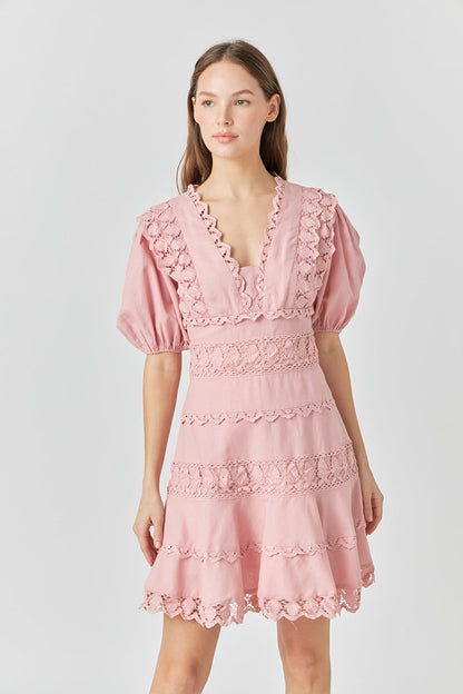 Endless Rose Classic | Plunging Lace Trim Dress with Puff Sleeve