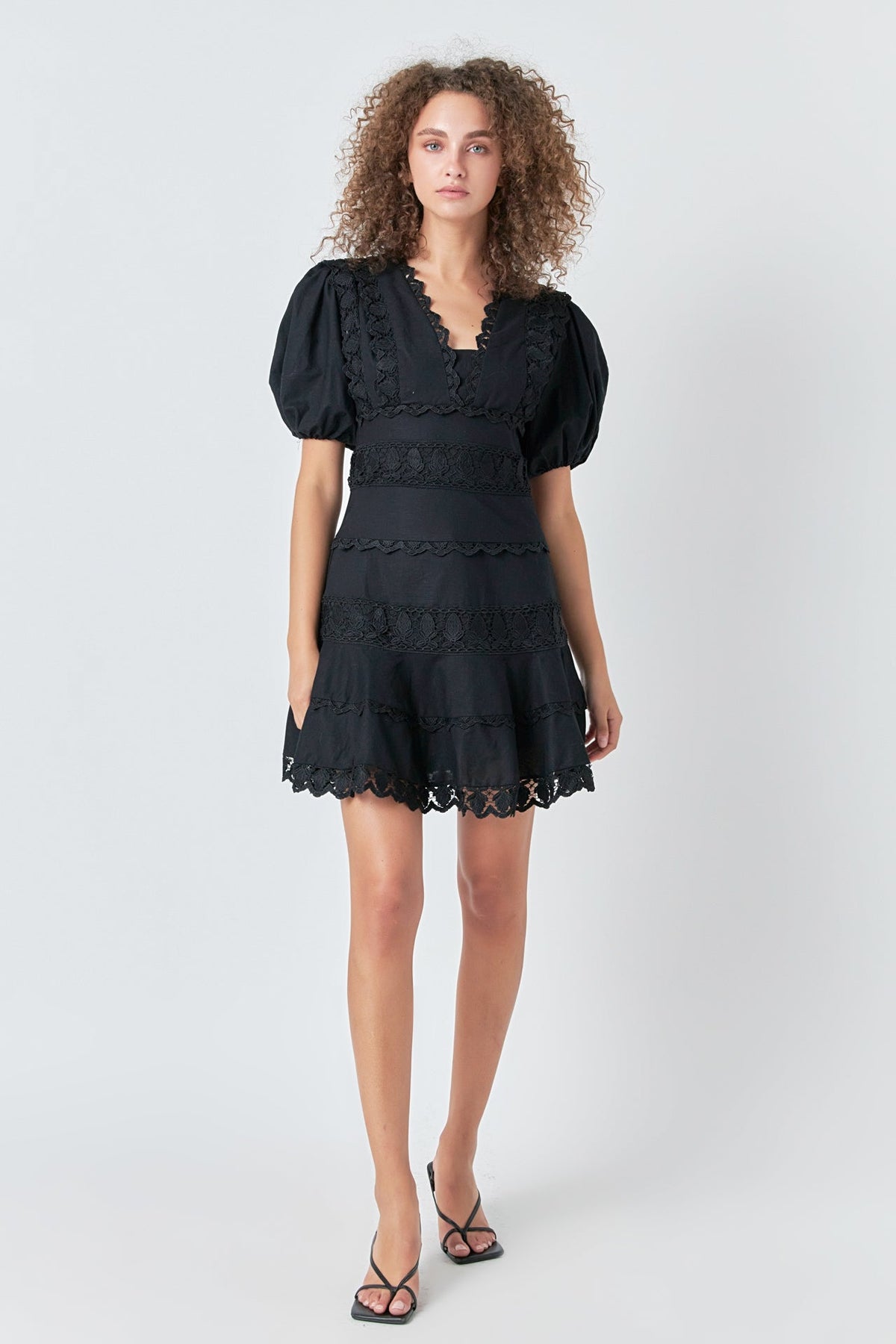 Endless Rose Classic | Plunging Lace Trim Dress with Puff Sleeve