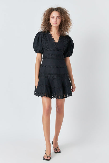 Endless Rose Classic | Plunging Lace Trim Dress with Puff Sleeve