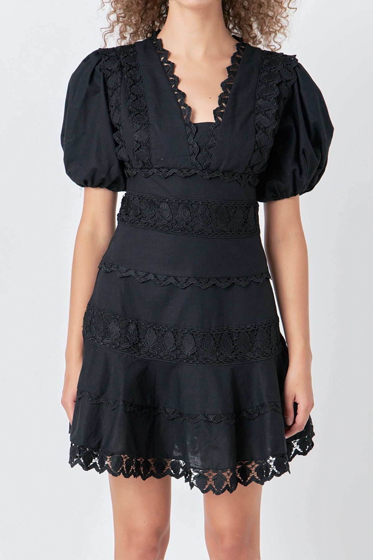 Endless Rose Classic | Plunging Lace Trim Dress with Puff Sleeve