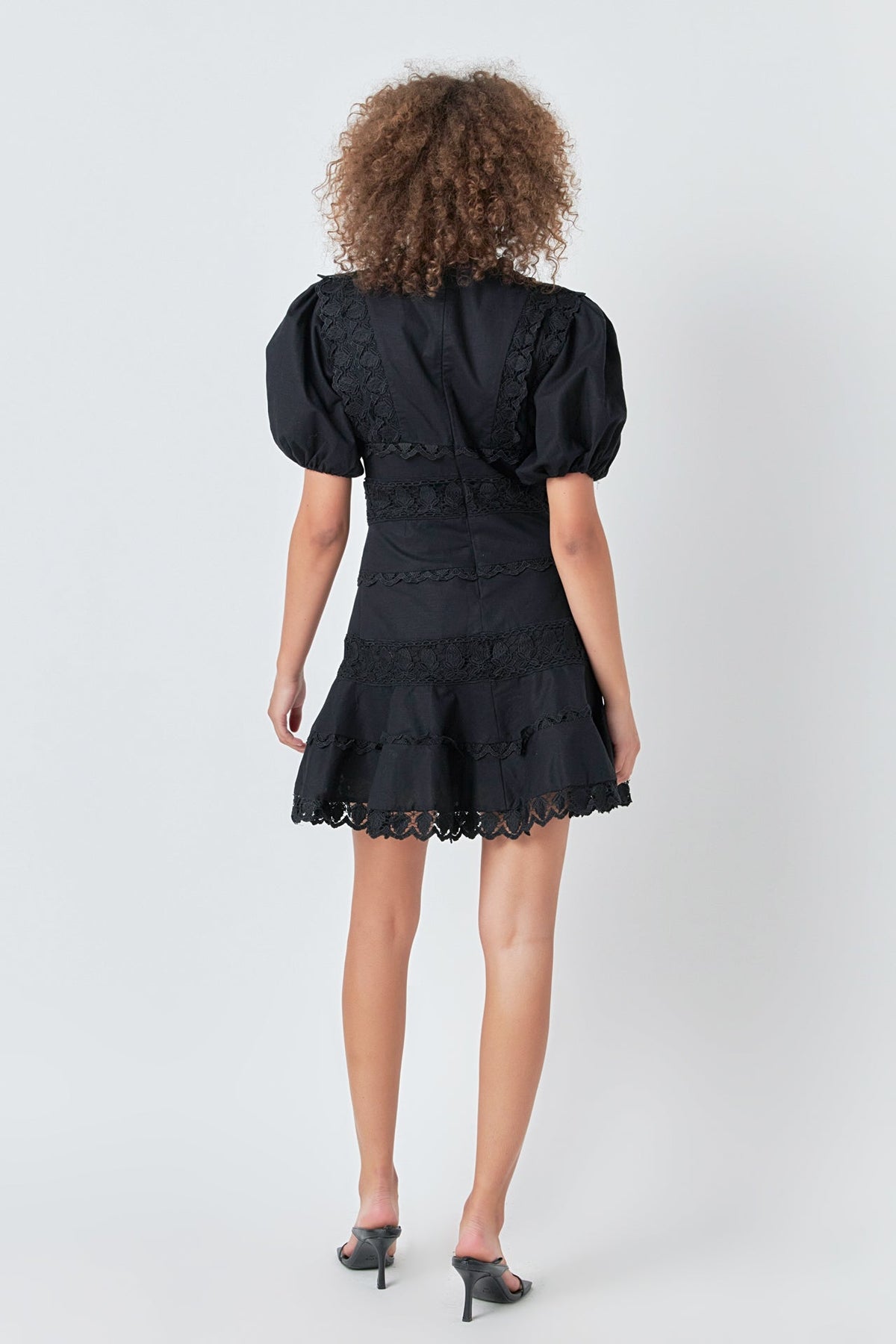 Endless Rose Classic | Plunging Lace Trim Dress with Puff Sleeve