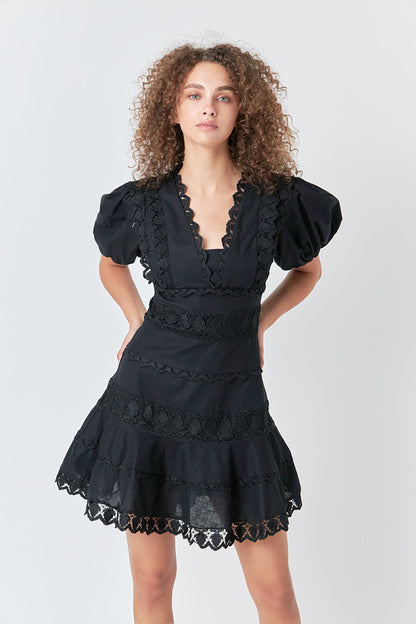 Endless Rose Classic | Plunging Lace Trim Dress with Puff Sleeve