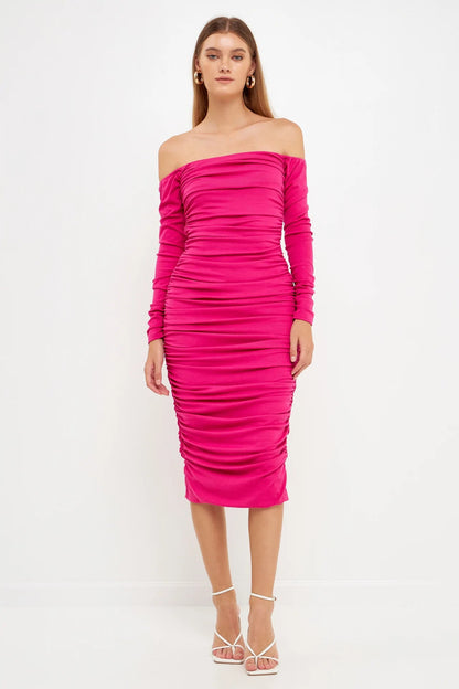 Endless Rose Customer Favorite | Off-The-Shoulder Ruched Midi Dress