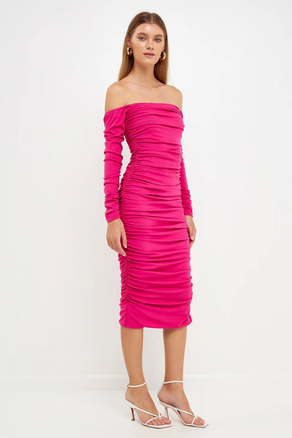 Endless Rose Customer Favorite | Off-The-Shoulder Ruched Midi Dress