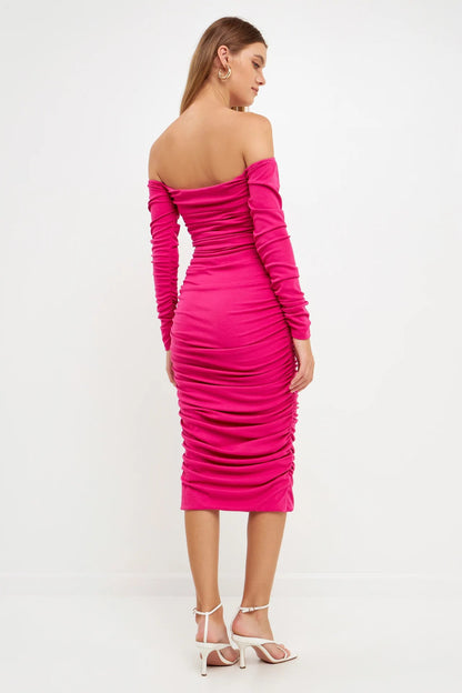 Endless Rose Customer Favorite | Off-The-Shoulder Ruched Midi Dress