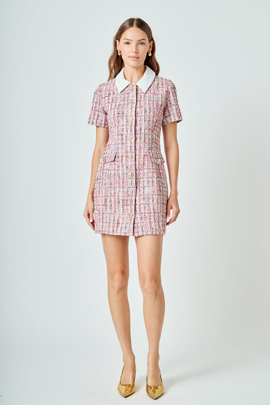 Endless Rose Best Seller | Multi Tweed Collared Short Sleeve Dress
